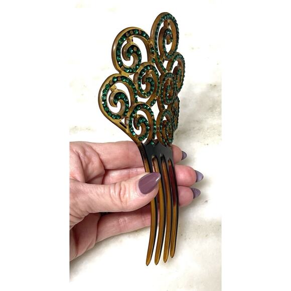 Antique Ornate Celluloid Hair Comb Green Rhinestones Art Nouveau - Picture 12 of 16